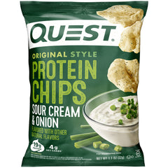Quest Sour Cream & Onion protein chips pack showing convenient, high-protein snack on the go.