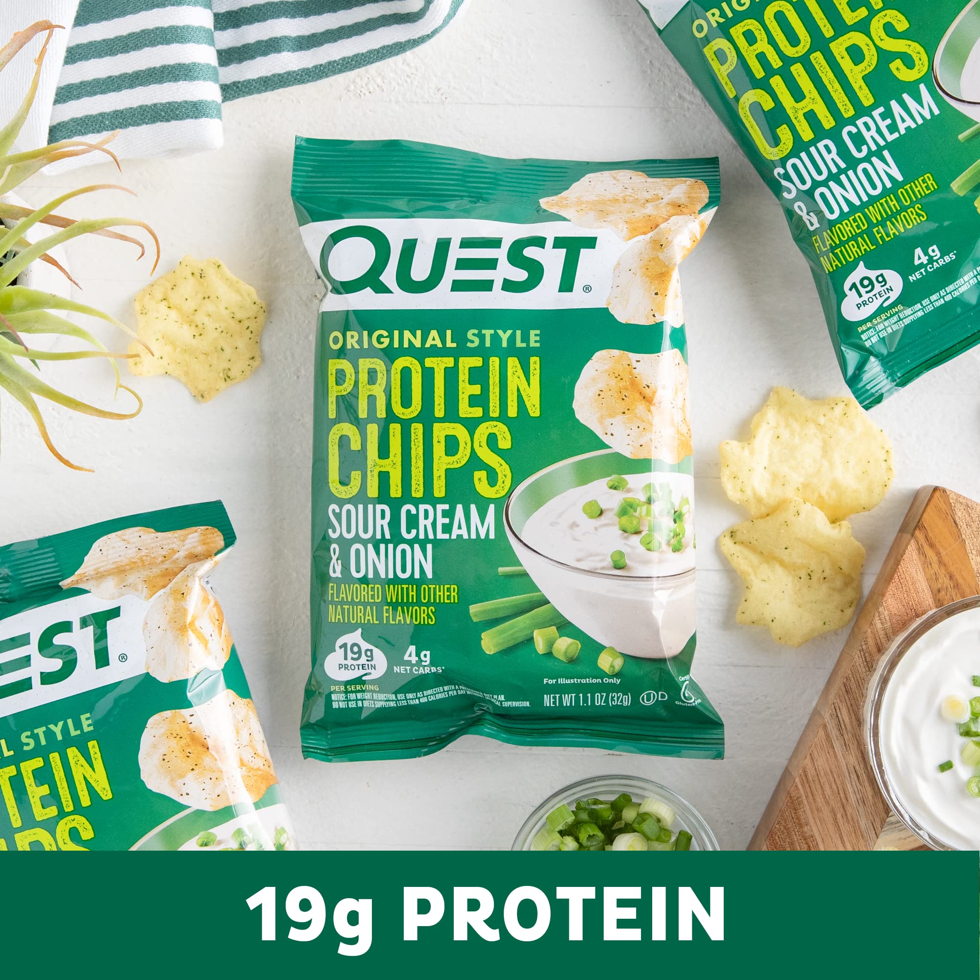 Quest Sour Cream & Onion crunch close-up reveals golden baked texture.