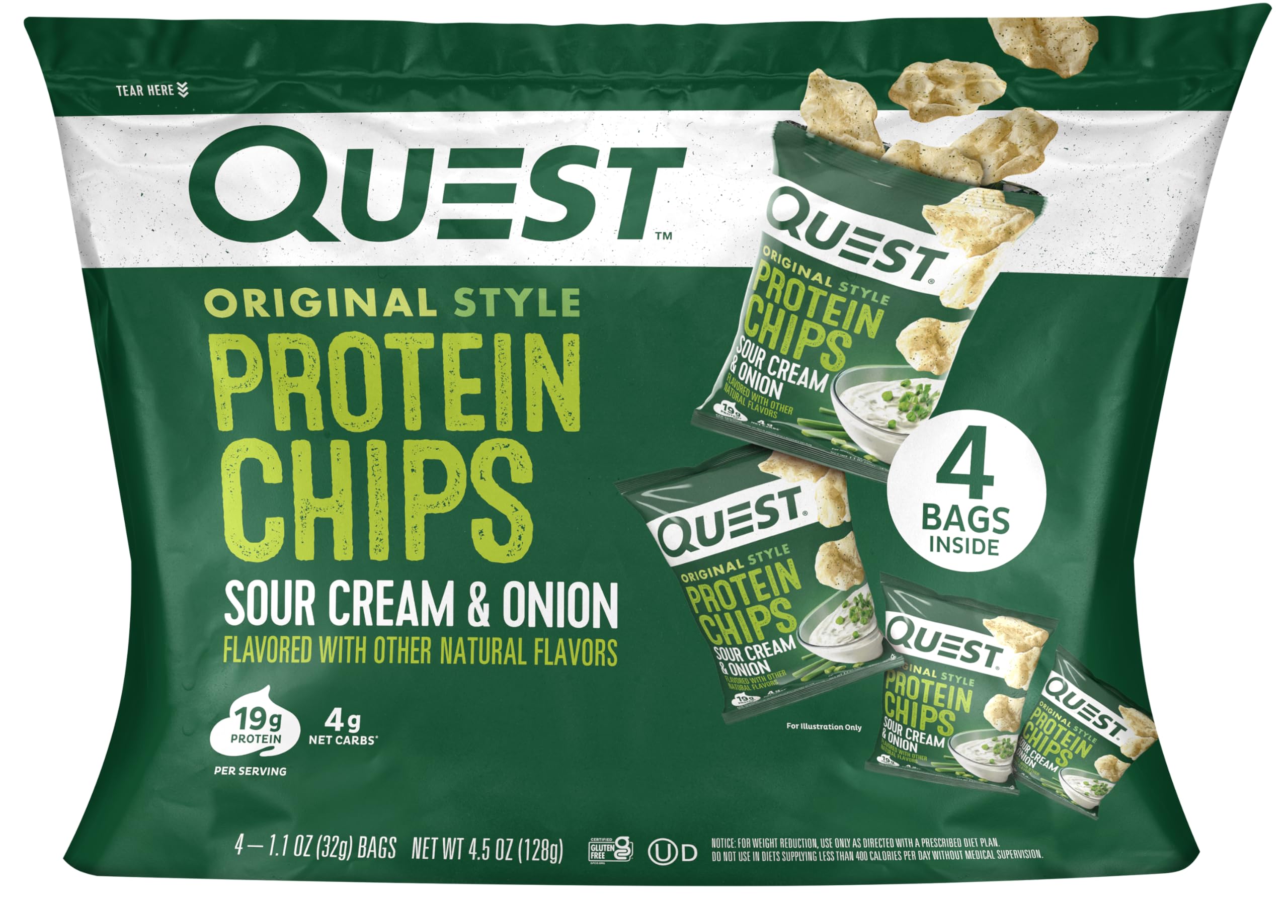 Quest Sour Cream Onion protein chips bag closeup showing protein-packed crunch