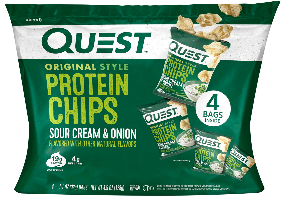 Quest Sour Cream Onion protein chips bag closeup showing protein-packed crunch