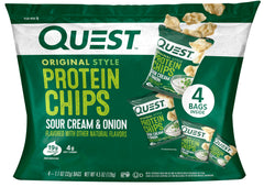 Quest Sour Cream Onion protein chips bag closeup showing protein-packed crunch