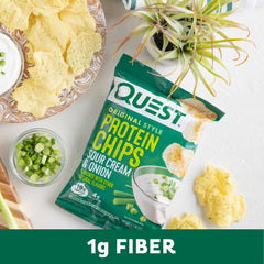 Quest Sour Cream Onion protein chips nutrition panel closeup highlights protein and carbs
