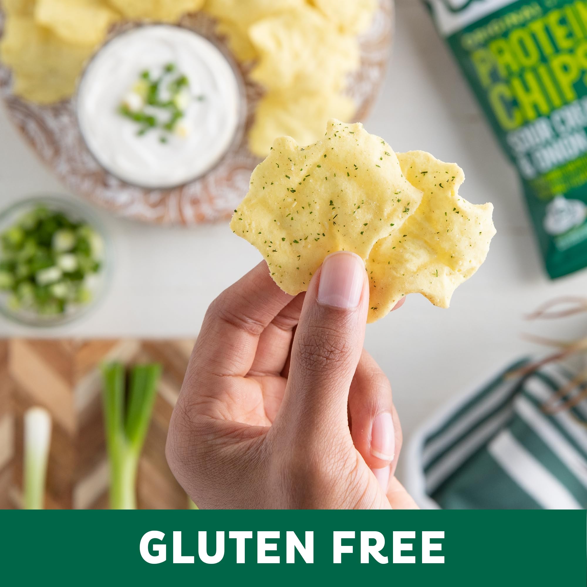 Quest Sour Cream Onion protein chips on shelf illustrates gluten-free option