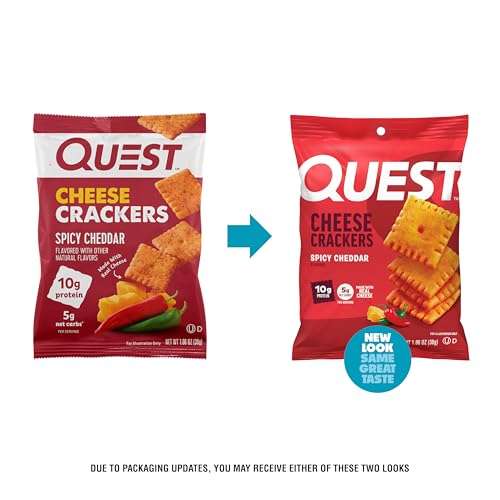 Quest Spicy Cheddar crackers closeup shows real cheese and a bold, spicy cheddar kick