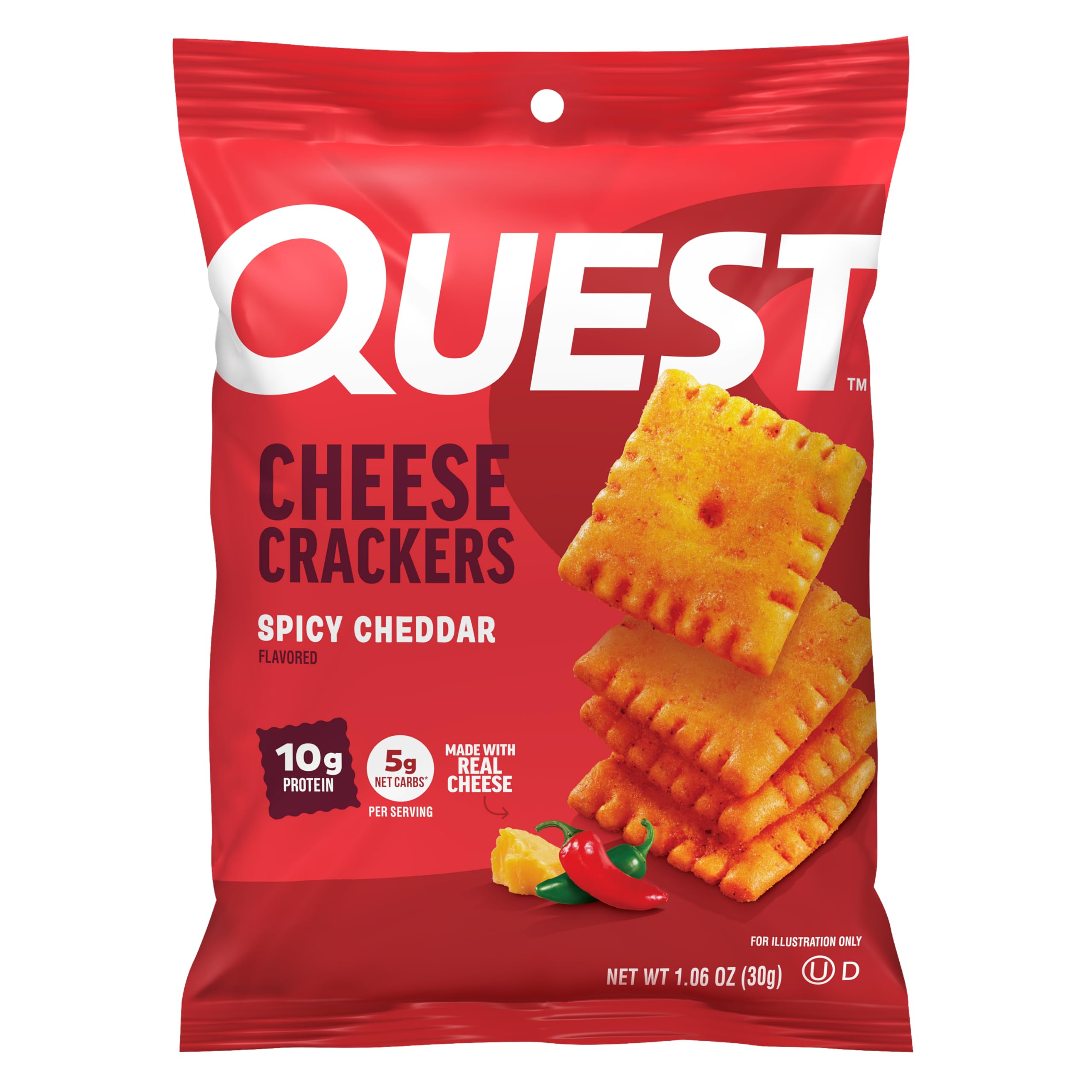 Quest Spicy Cheddar Cheese Crackers pack on shelf offering a protein-rich snack