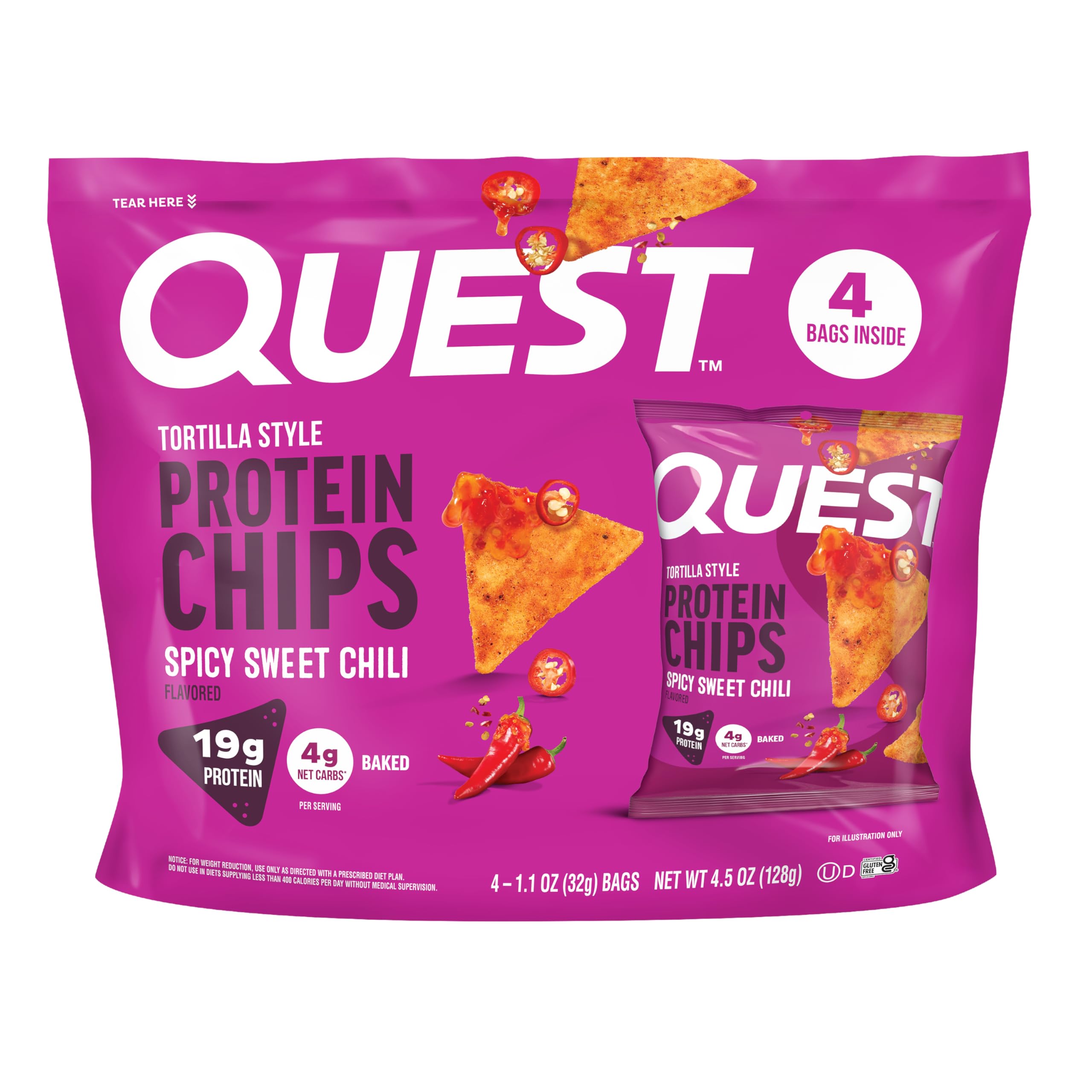 Quest Spicy Sweet Chili tortilla chip close-up showing crisp texture and crunch