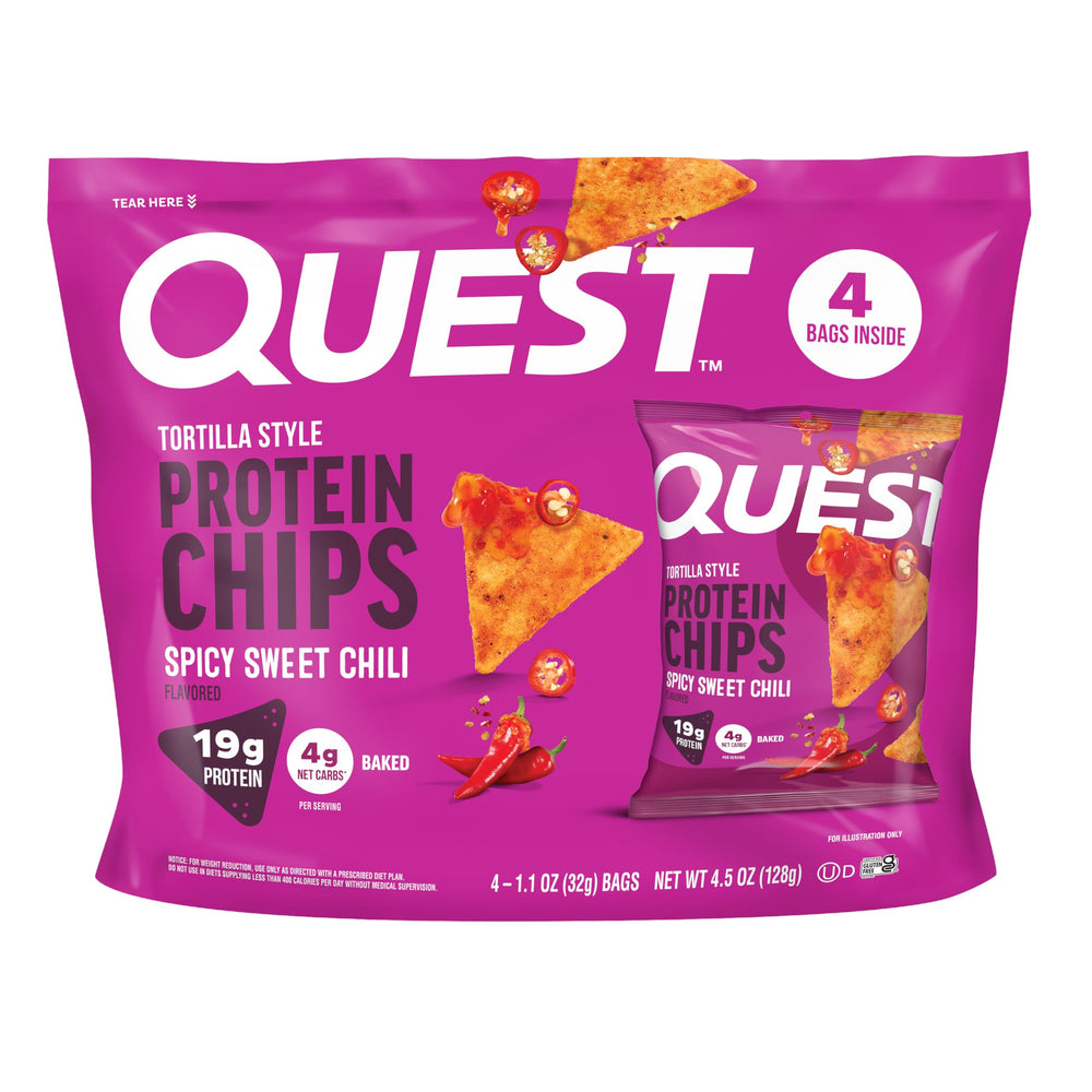 Quest Spicy Sweet Chili tortilla chip close-up showing crisp texture and crunch