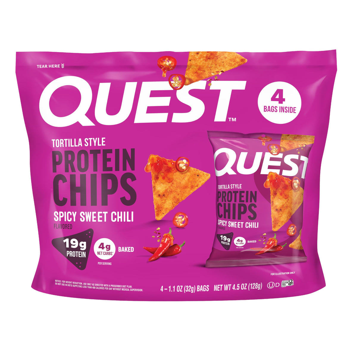 Quest Spicy Sweet Chili tortilla chip close-up showing crisp texture and crunch