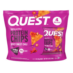 Quest Spicy Sweet Chili tortilla chip close-up showing crisp texture and crunch