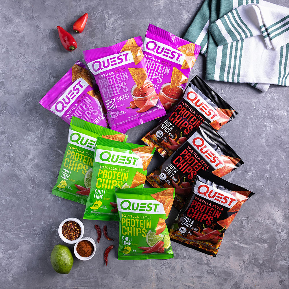 Quest Spicy Sweet Chili tortilla chips bag with rich color.