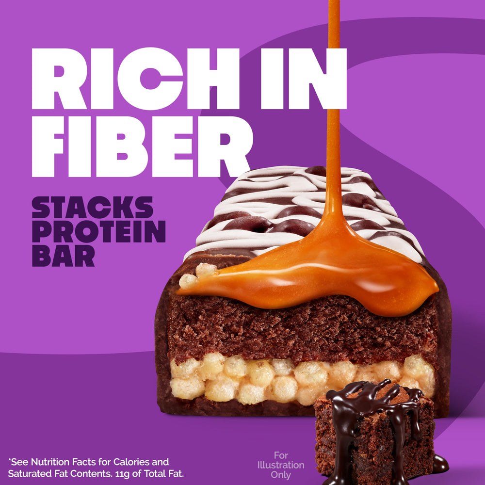 Quest Stacks Brownie a la Mode bar with chocolate coating close-up