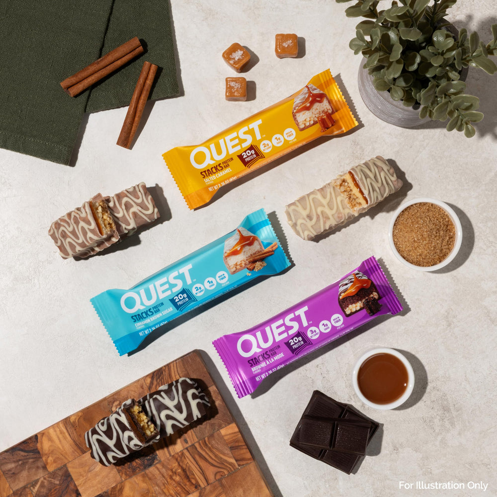 Quest Stacks Brownie a la Mode bar on gym bag shelf for a quick protein boost