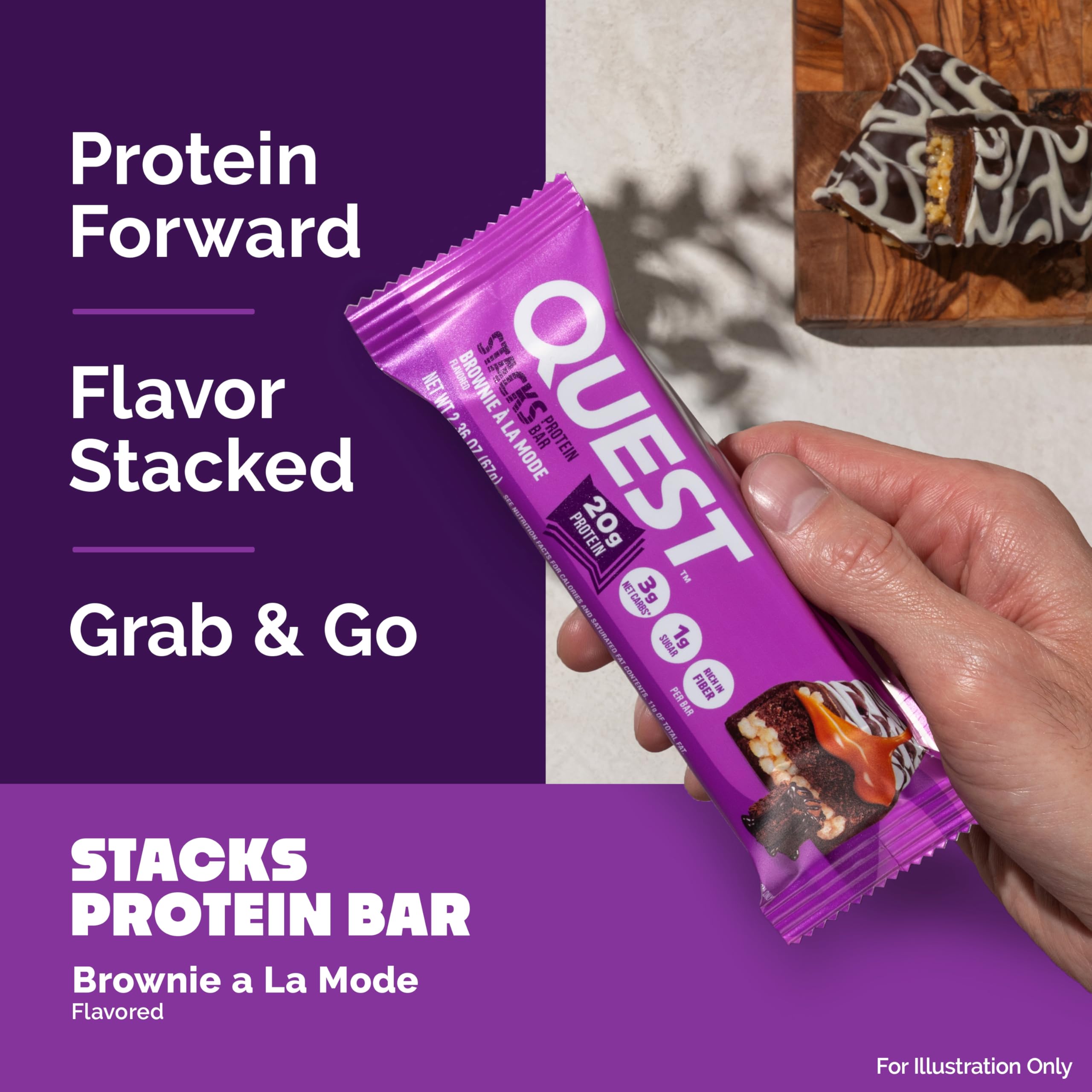 Quest Stacks Brownie a la Mode bar nutrition facts panel showing protein and sugar details