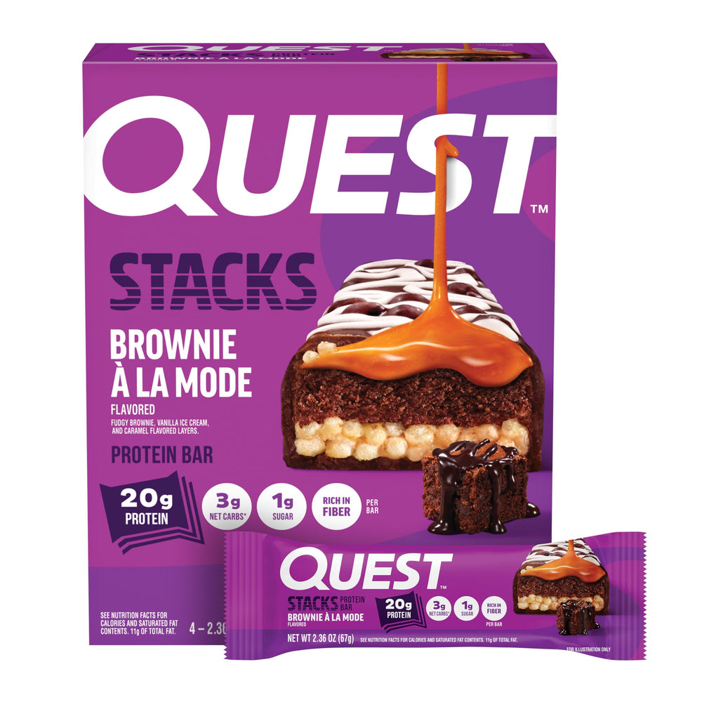 Quest Stacks Brownie a la Mode bar pack, ideal for convenient protein on the go
