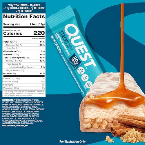 Quest Stacks Cinnamon Brown Sugar bar cross-section reveals chewy, crispy, caramel layers.
