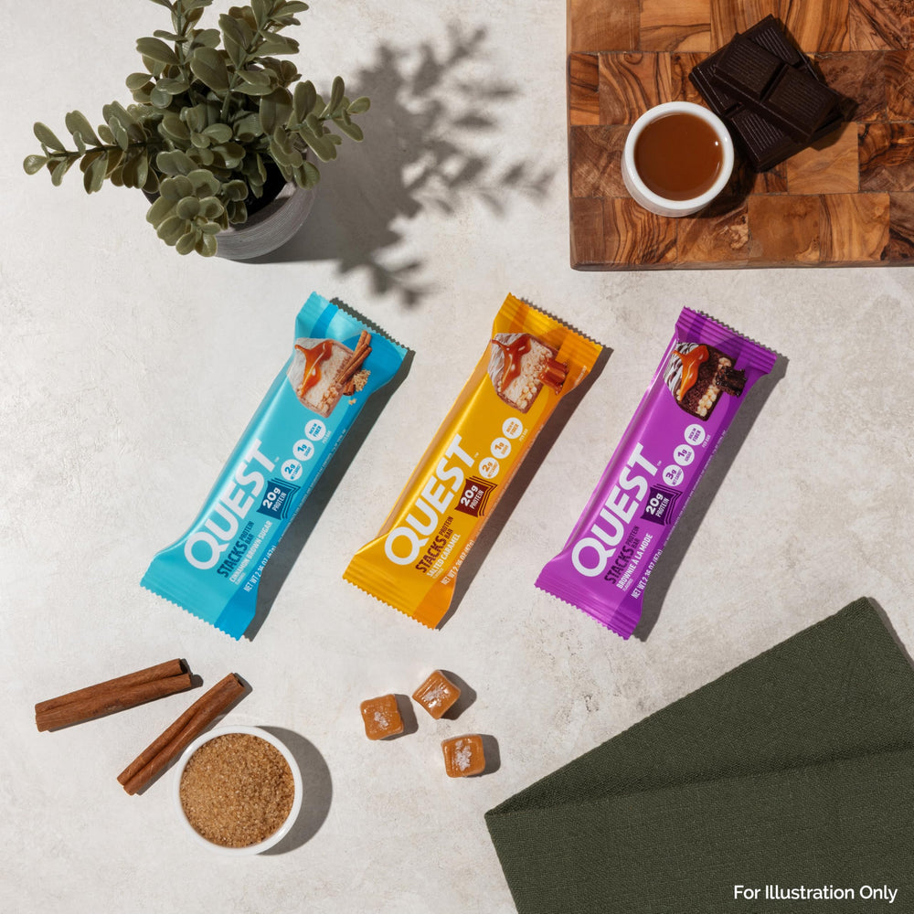 Quest Stacks Cinnamon Brown Sugar bar in gym bag signals portable post-workout fuel.