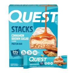 Quest Stacks Cinnamon Brown Sugar bar in package shows layered texture for flavorful snacking.