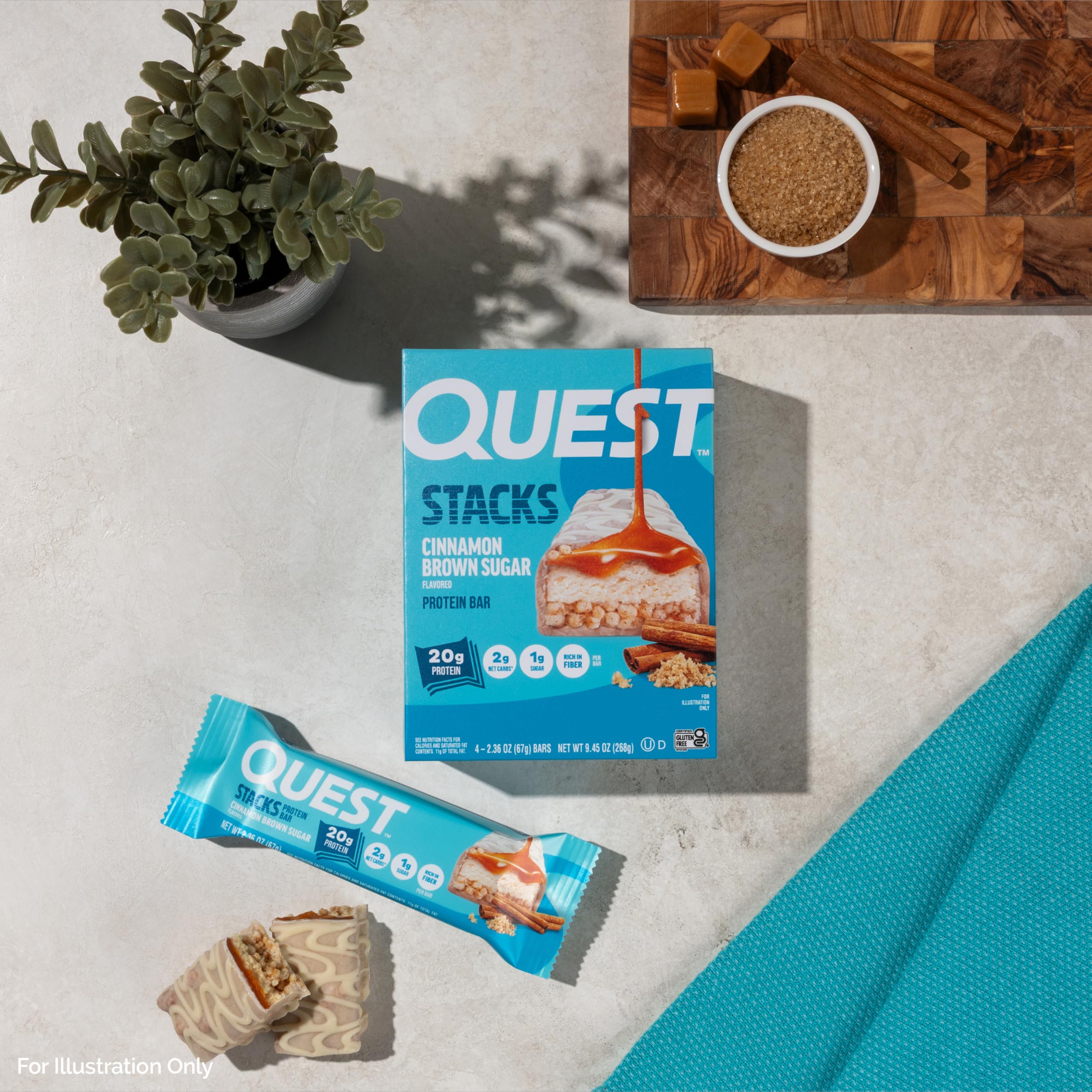 Quest Stacks Cinnamon Brown Sugar bar taste slice shows caramel ribbon and cinnamon drizzle.