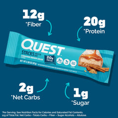 Quest Stacks Cinnamon Brown Sugar bar wrap close-up shows premium branding for on-the-go snacking.