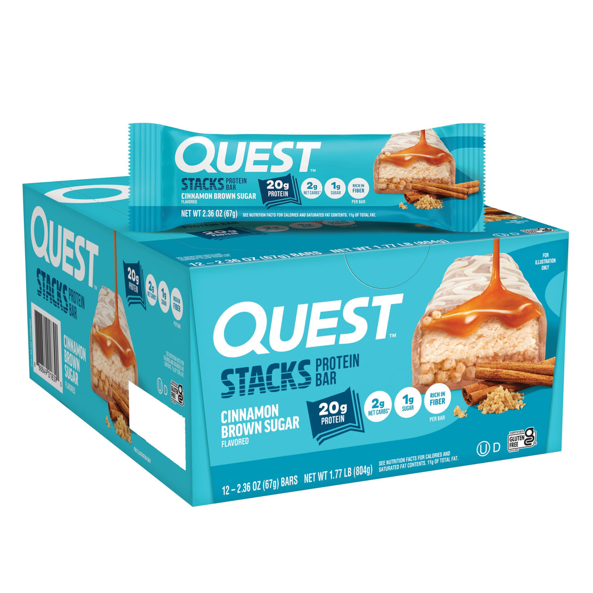 Quest Stacks Cinnamon Brown Sugar bar wrapper showcases crispy layers for a satisfying protein-rich snack.