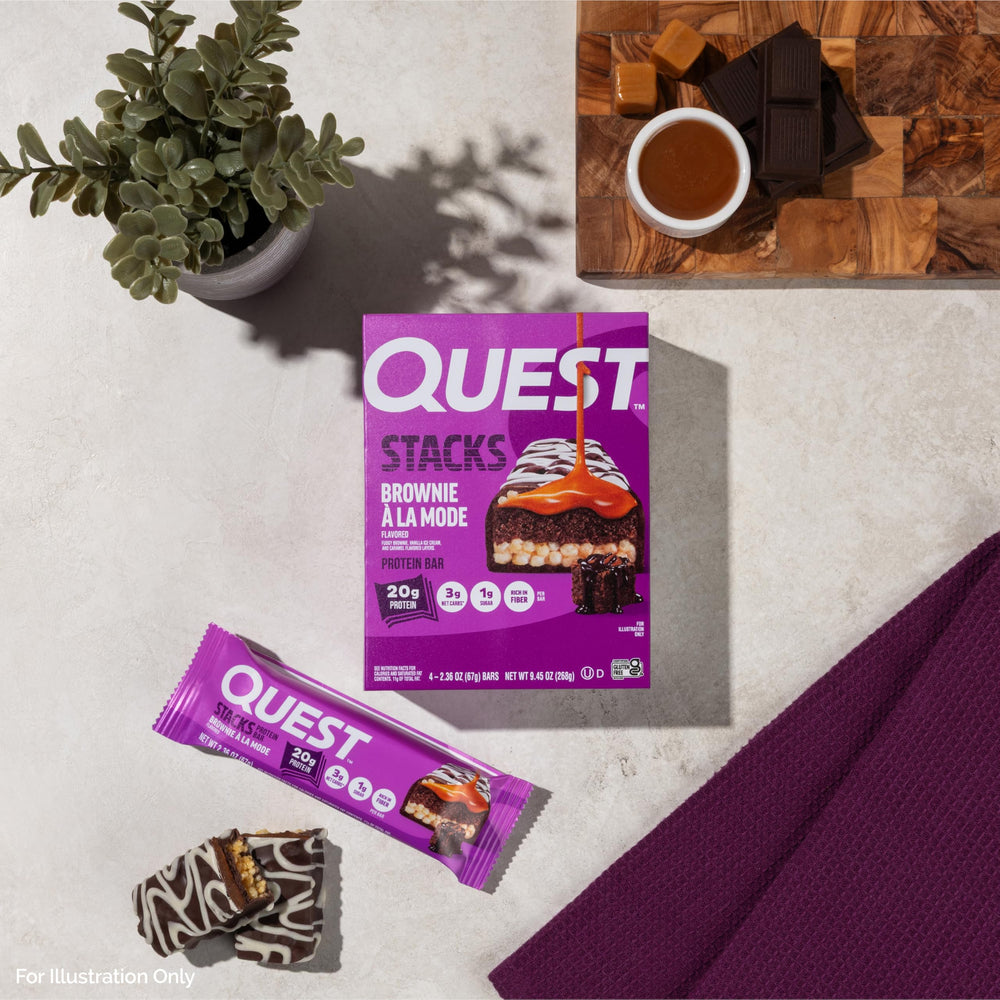 High-protein Quest Stacks bar ready as a gym bag snack or desk treat.