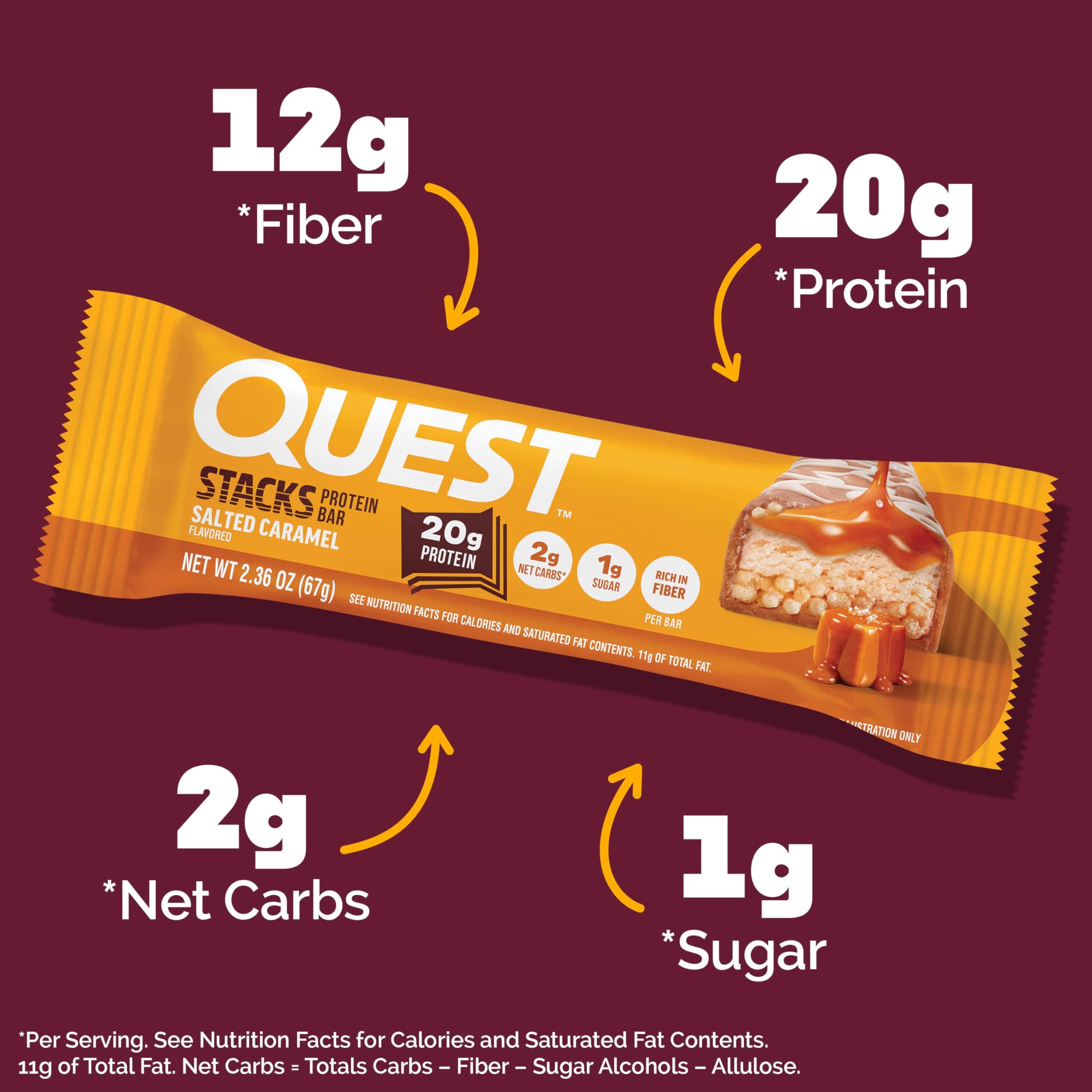 Caramel ribbon and coating on Quest Stacks Salted Caramel Bar for indulgent flavor