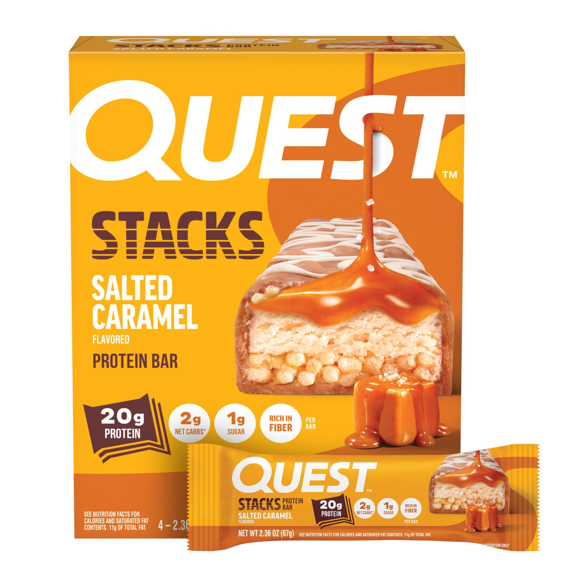 Quest Stacks Salted Caramel Bar with crispy-chewy layers for a satisfying snack