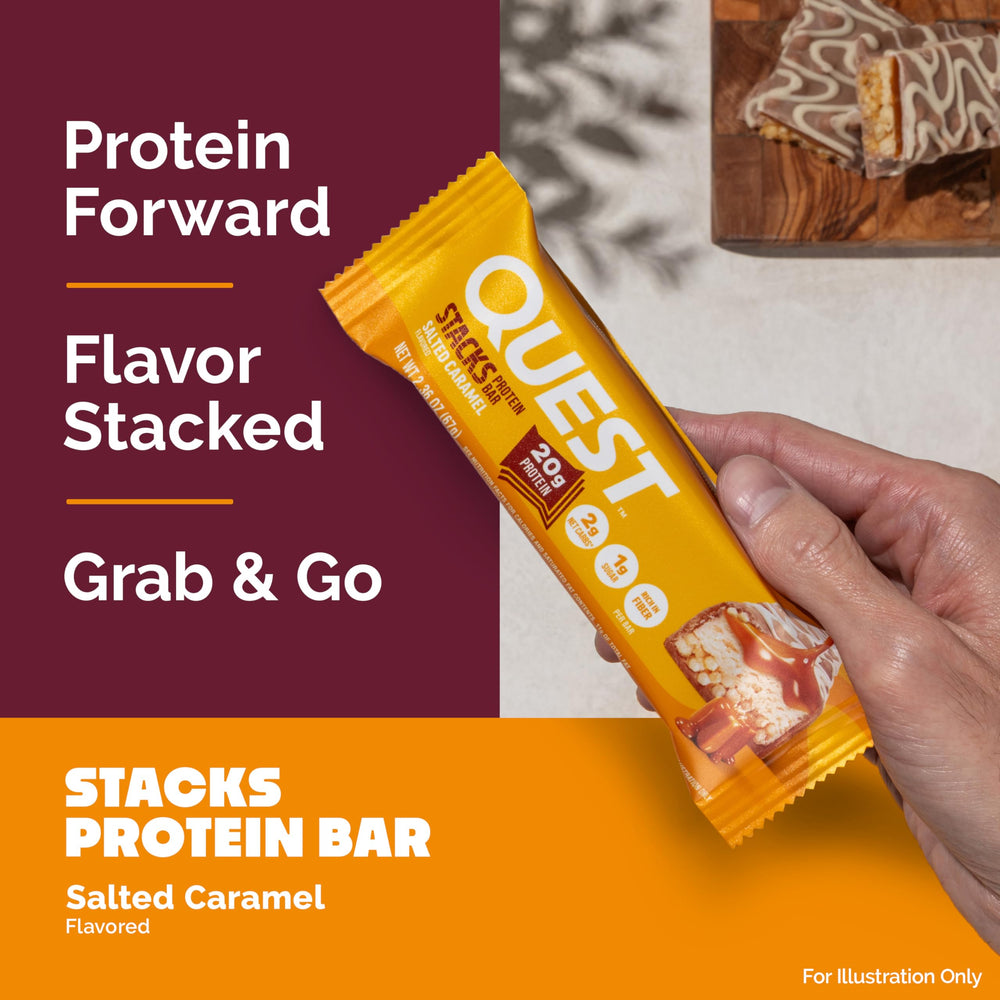 Low-sugar, gluten-free Quest Stacks Salted Caramel Bar in packaging