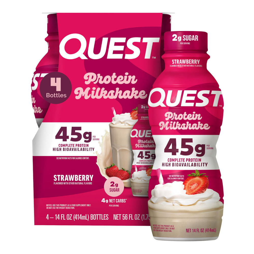 Quest Strawberry Protein Shake bottle showing 45g protein per serving for convenient post-workout boost.