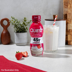 Quest Strawberry Protein Shake closeup captures rich foam and vibrant color.