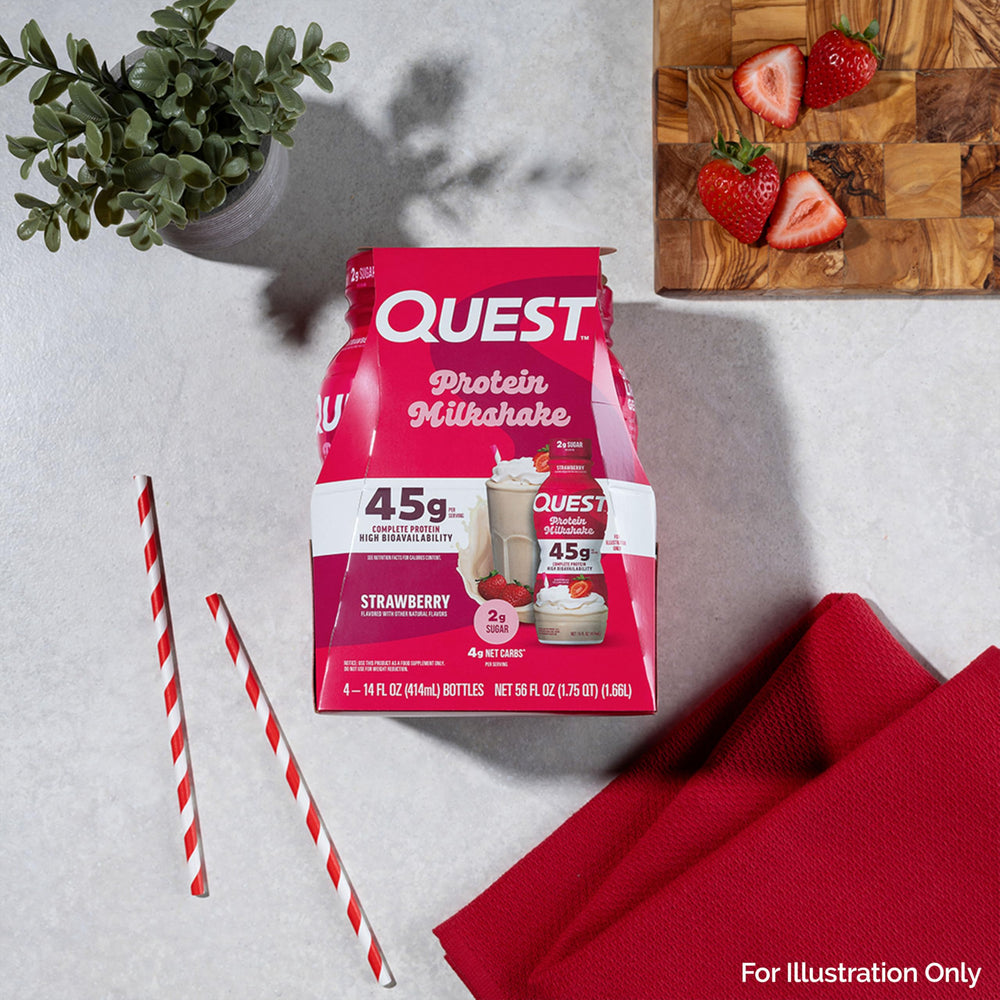Quest strawberry protein shake glass closeup showcases creamy texture and flavor