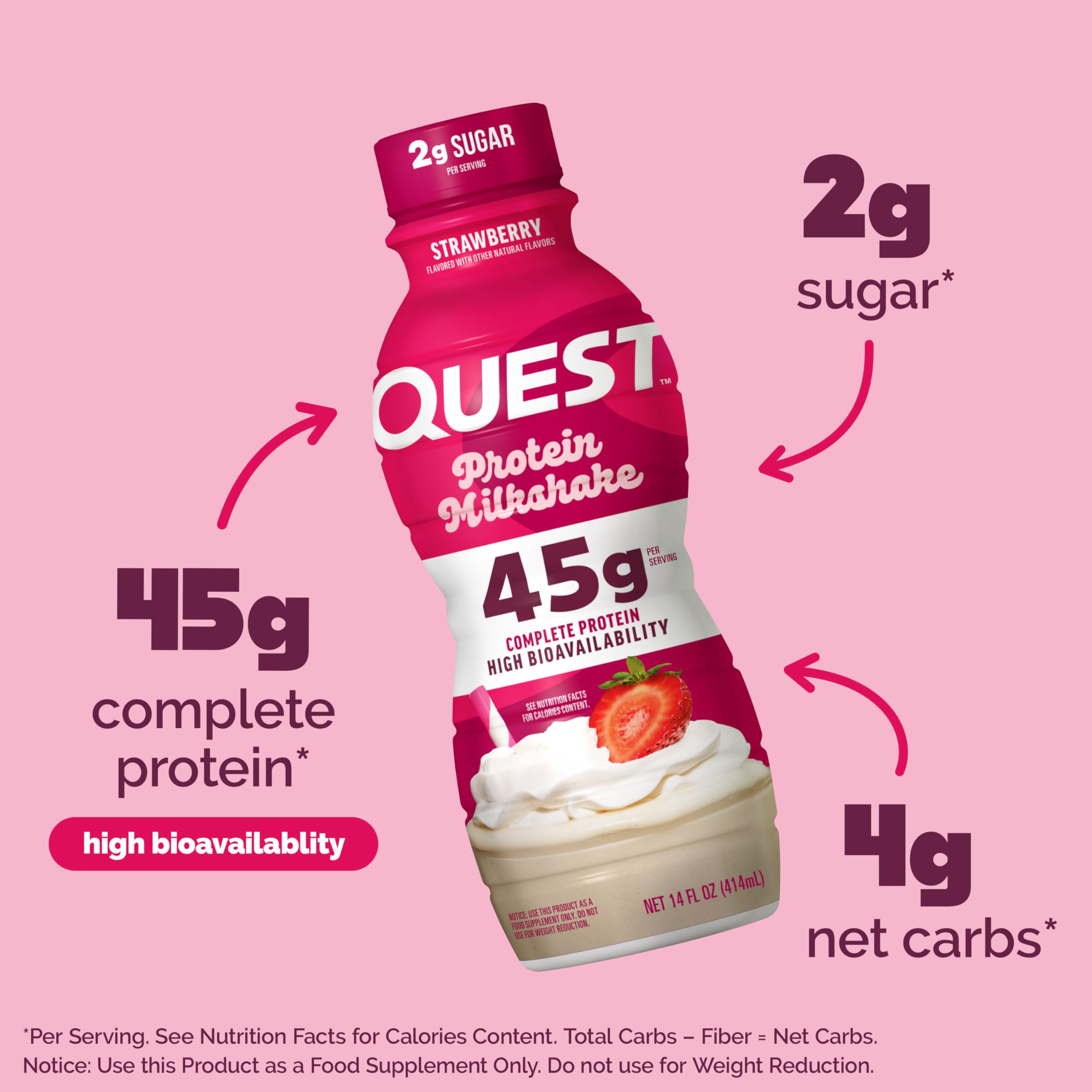 Quest strawberry protein shake glass with drink highlights creamy, low-sugar refreshment for snacks