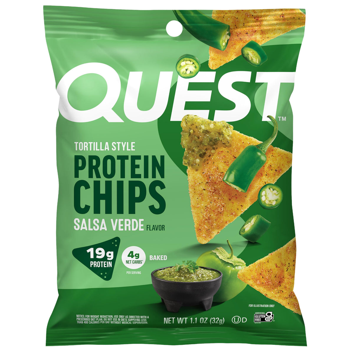 Quest tortilla chips salsa verde bag for on-the-go protein boost
