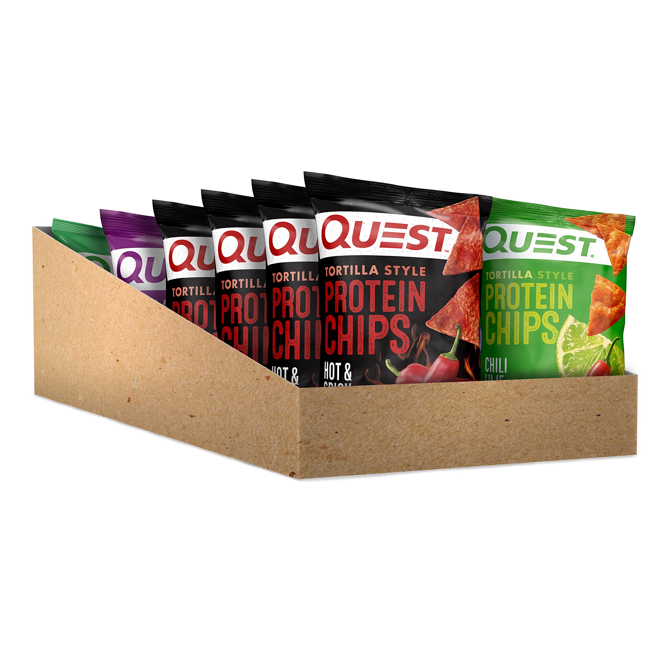 Quest Tortilla Style Protein Chips variety pack back side with nutrition details.