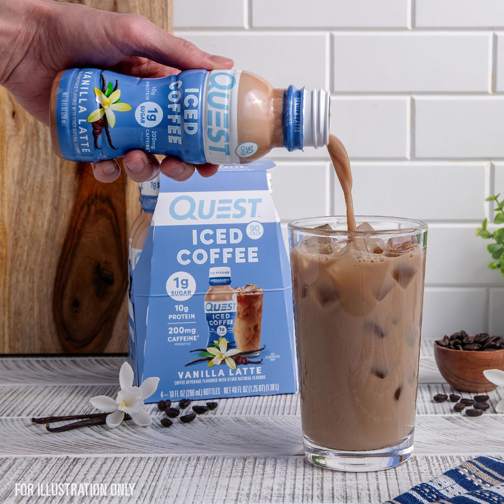 Quest Vanilla Latte iced coffee 12-pack offers convenient flavor at home, gym, or commute.