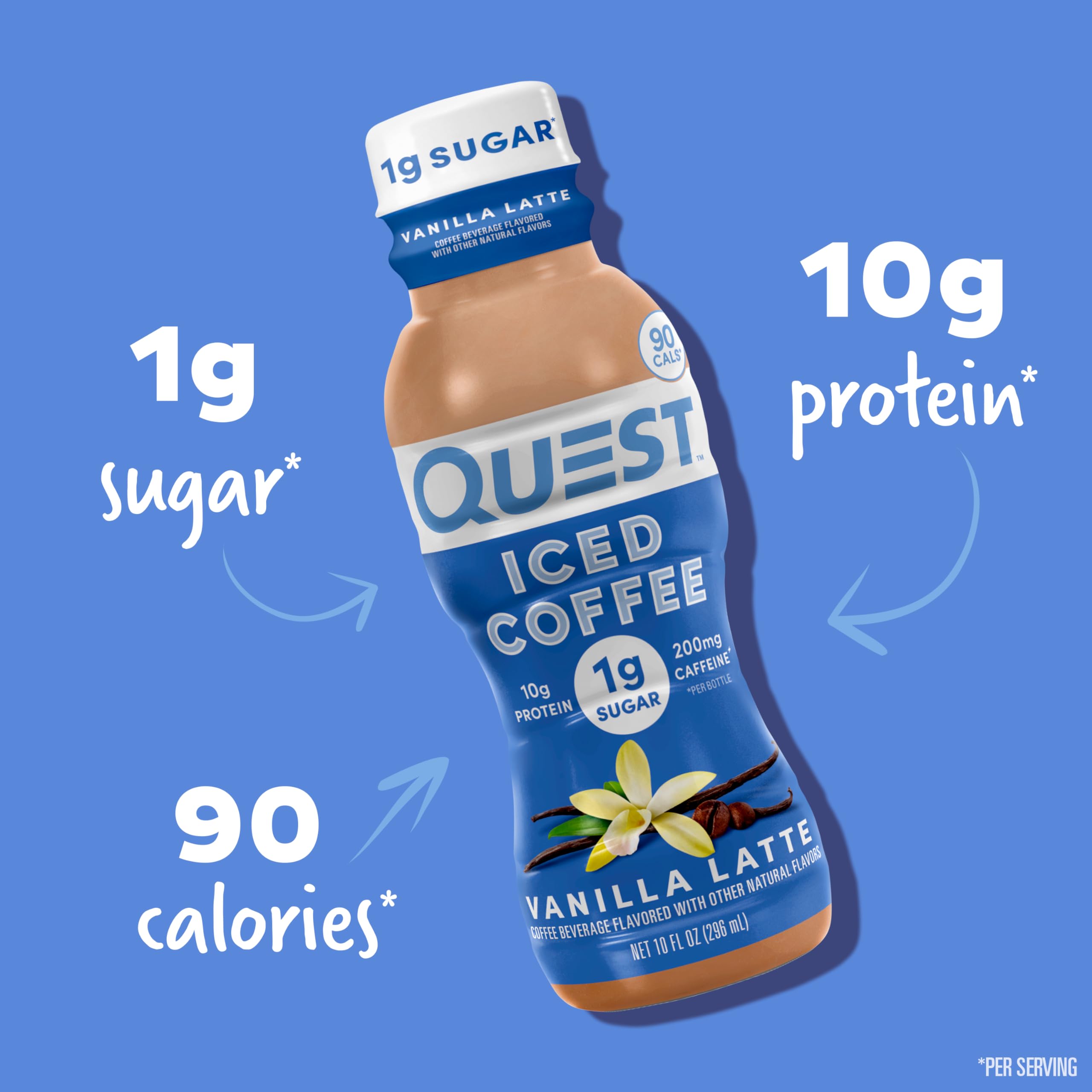 Quest Vanilla Latte caffeinated content communicates a reliable energy option for busy days.