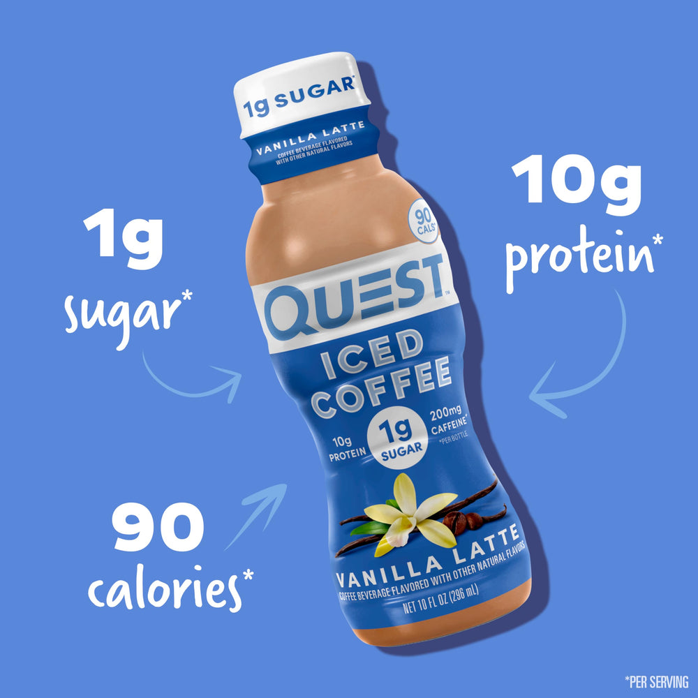 Quest Vanilla Latte caffeinated content communicates a reliable energy option for busy days.