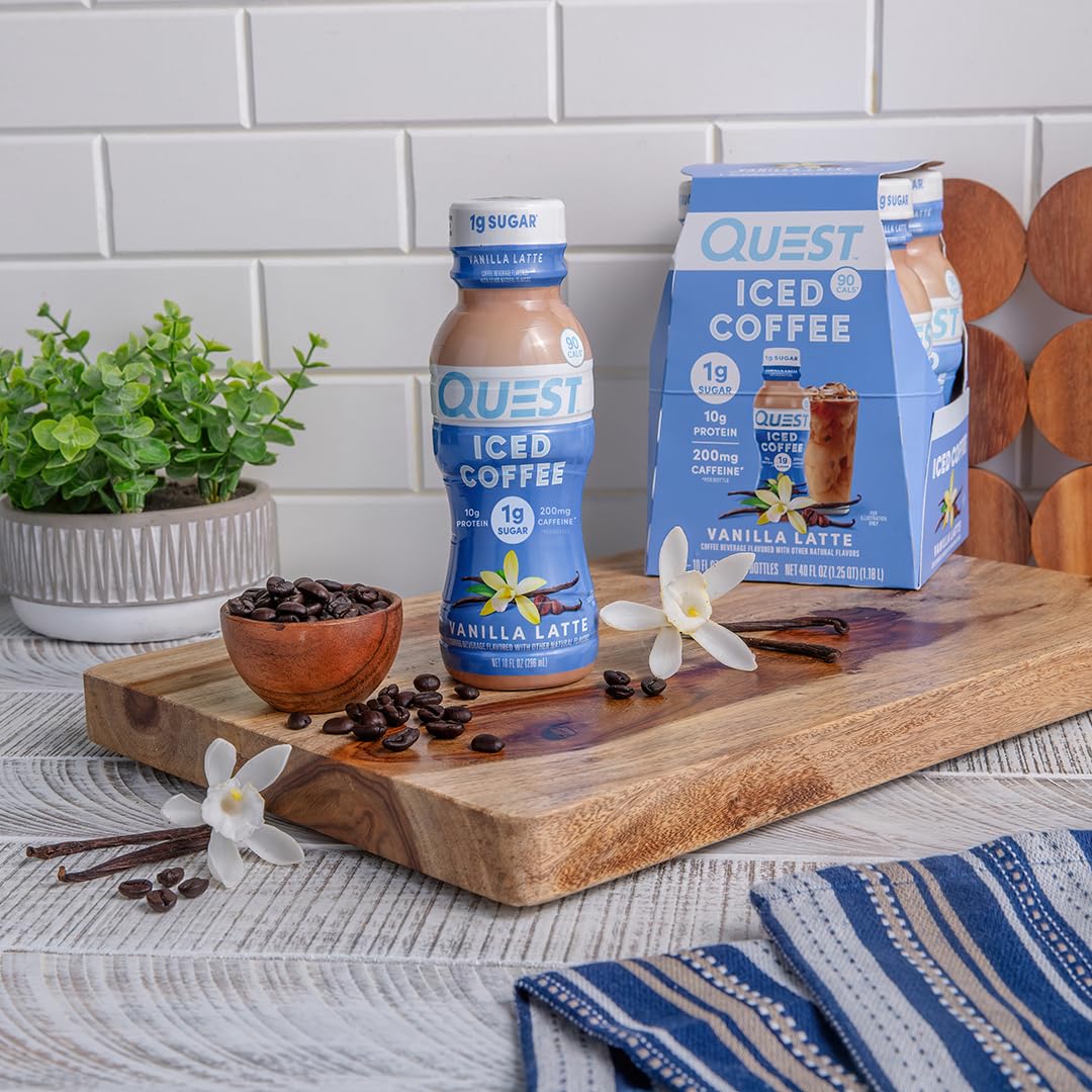 Quest Vanilla Latte Iced Coffee car console image signals travel-friendly caffeine anytime.