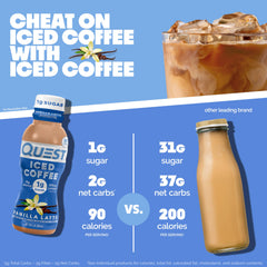 Quest Vanilla Latte Iced Coffee cup highlights creamy vanilla notes with balanced caffeine lift.