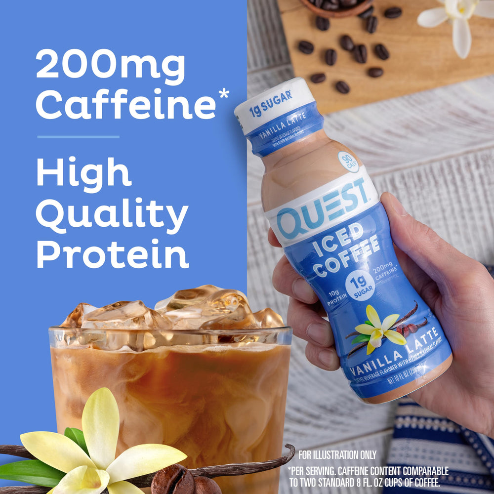 Quest Vanilla Latte nutrition label on-pack shows 1g sugar and 10g protein.