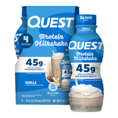 Quest Vanilla Protein Shake bottle pour shows creamy vanilla flavor for quick post-workout protein.