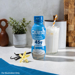 Quest Vanilla Protein Shake glass pour captures a milkshake-like, satisfying treat.