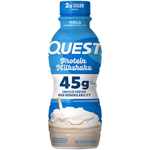 Quest Vanilla Protein Shake label shows clean ingredients and macro options