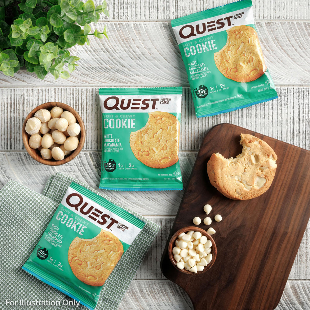 Quest White Chocolate Macadamia break-apart reveals soft center and crunchy bits.