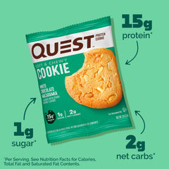 Quest White Chocolate Macadamia cookie foil wrap demonstrates portion control.
