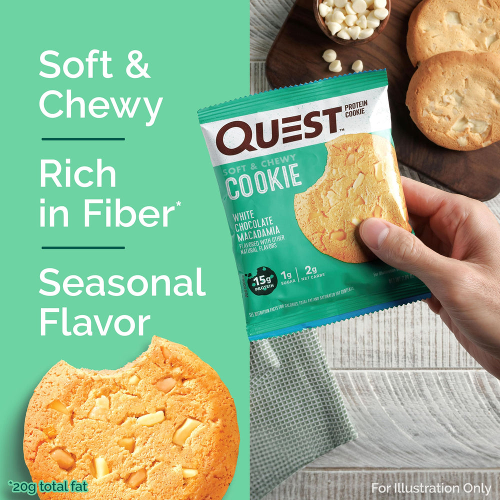 Quest White Chocolate Macadamia cookie in gym bag signals easy post-workout fuel.