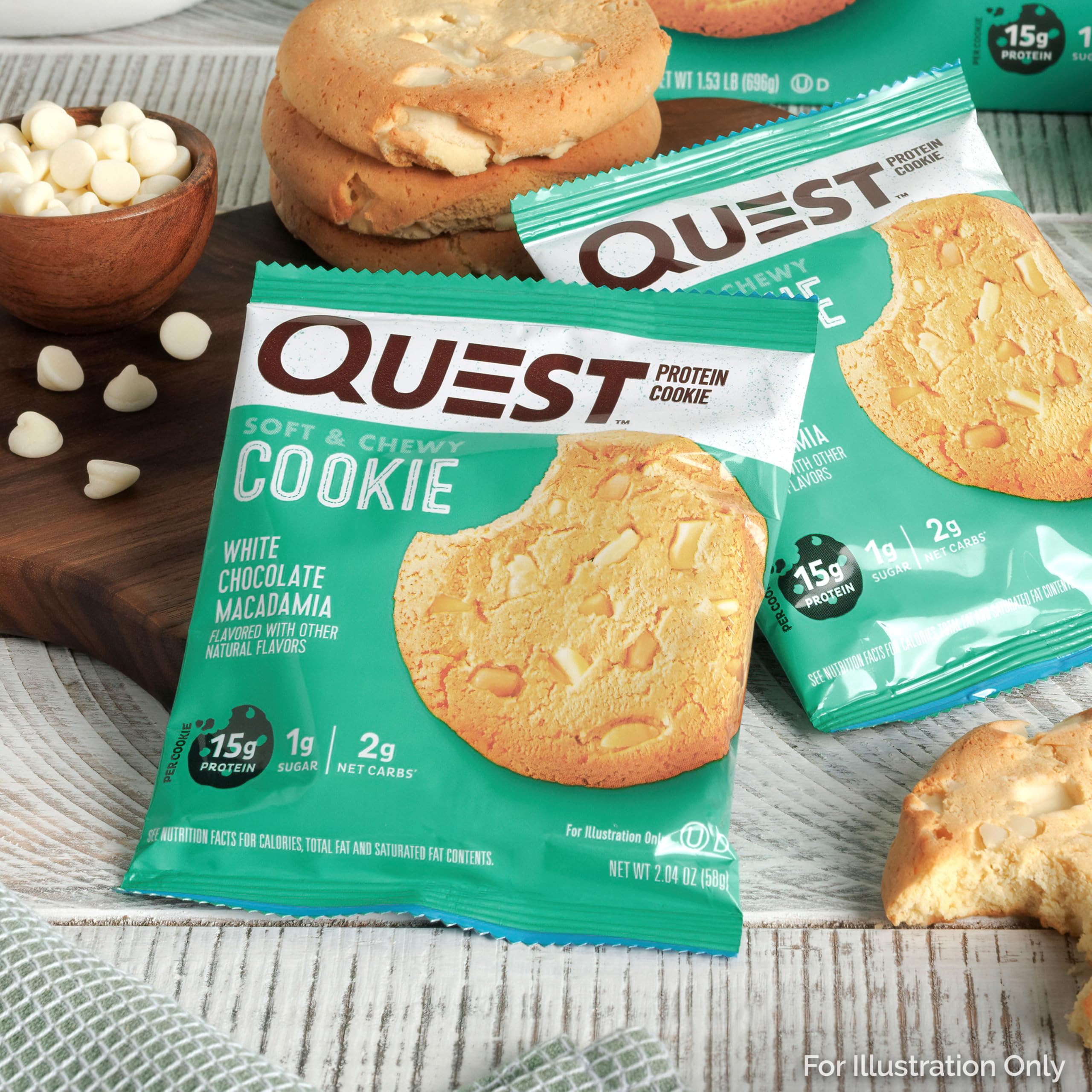 Quest White Chocolate Macadamia cookie nut mix detail suggests premium ingredients.