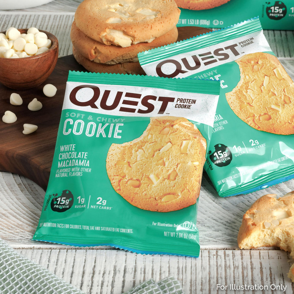 Quest White Chocolate Macadamia cookie nut mix detail suggests premium ingredients.