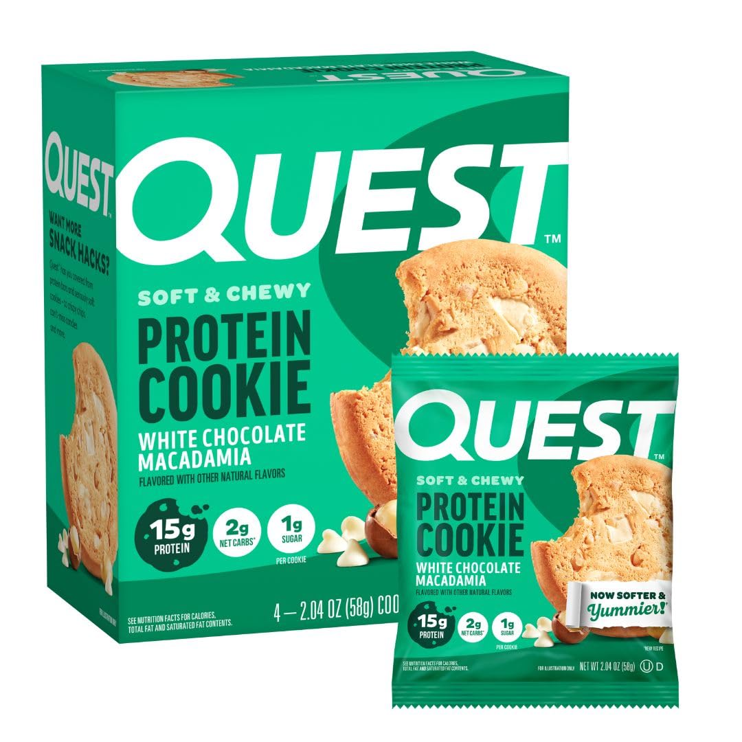 Quest White Chocolate Macadamia cookie packaging highlights convenient, high-protein snacking.