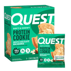 Quest White Chocolate Macadamia cookie packaging highlights convenient, high-protein snacking.